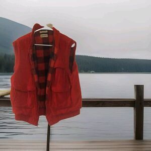 Vintage St Johns Bay Vest L Mens Red Corduroy Full Zip Plaid Pockets Insulated